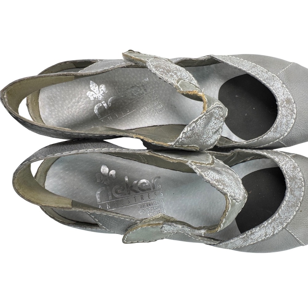 Rieker Antistress Mary Jane Pumps Womens 40 Silver Pewter Leather Slingback Heel - Picture 10 of 14